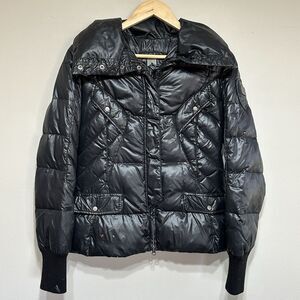 ADD Quilted Goose Down Puffer Jacket Women 2 Black Short Zip  Funnel Neck *Spots